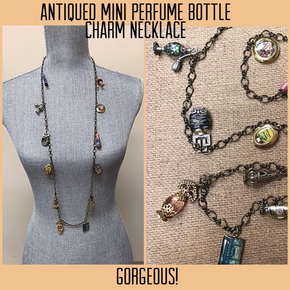 Antiqued Mini Perfume Bottle Charms Long Necklace-Boutique